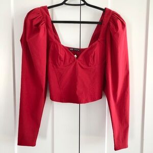 Zara, Red, Long Puffy Sleeves, With Pleats, Fitted, Crop Top,‎ NEW, Size, Small